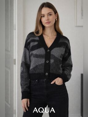 Aqua Gray and Black Patterned V-Neck Button Cardigan